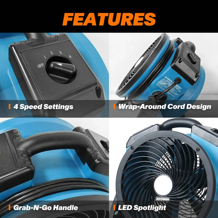 XPOWER P-21L Industrial Axial Air Mover with LED Spotlight - US Cleaning Tools