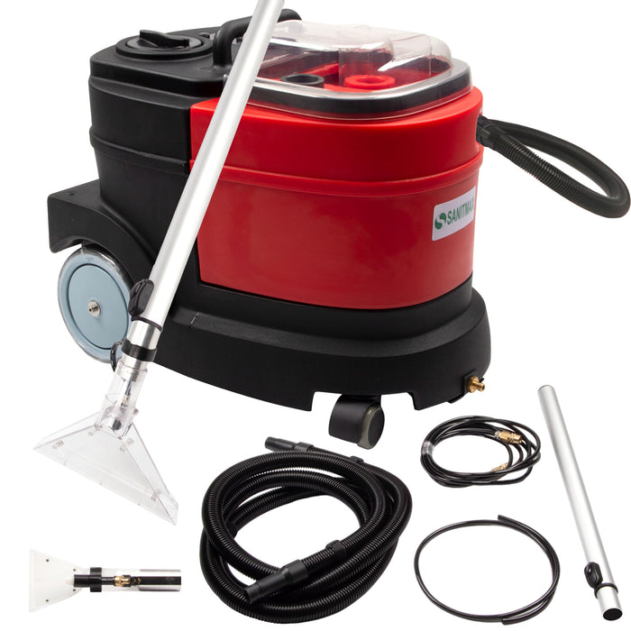 Sanitmax SM04 Cold Water Carpet Extractor with accessories, featuring a powerful motor and multiple cleaning attachments.