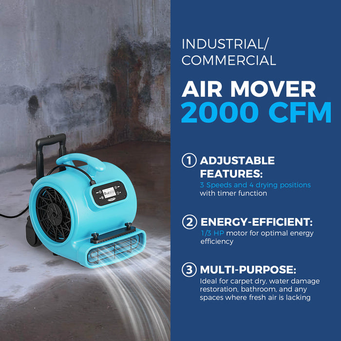 Alorair® 2000 CFM Air Mover with Timer, Handle Wheelkit and Carpet Buckles for Floor Drying Blower Fan | GE2000HCW