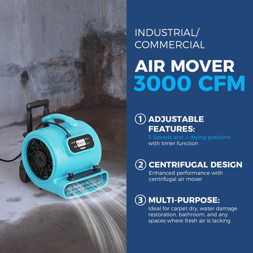 Alorair® 3000 CFM Air Mover with Timer, Handle Wheelkit and Carpet Buckles for Floor Drying Blower Fan | GE3000HCW