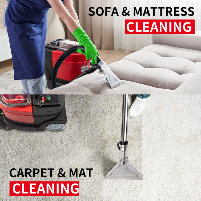 Cleaning sofas and mattresses with a carpet extractor; effective for carpets and mats, showcasing powerful cleaning action.