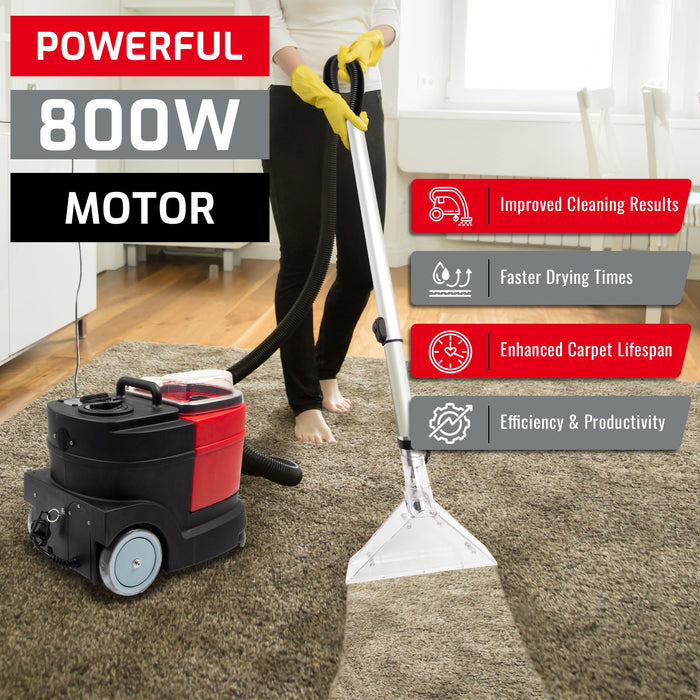 Person using a carpet extractor with a powerful 800W motor for improved cleaning results on a carpet.