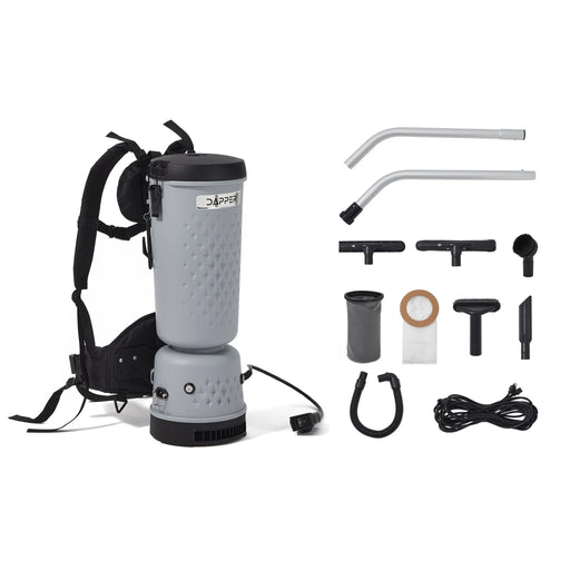 Dapper Supply DP-CVC1143 Commercial Backpack Vacuum – 1200W, 10.5 Qt, H12 HEPA, 55-Ft Reach