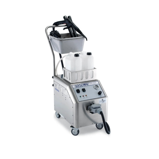 Goodway GVC-1502 commercial dry steam cleaner – front on cart with tool tray