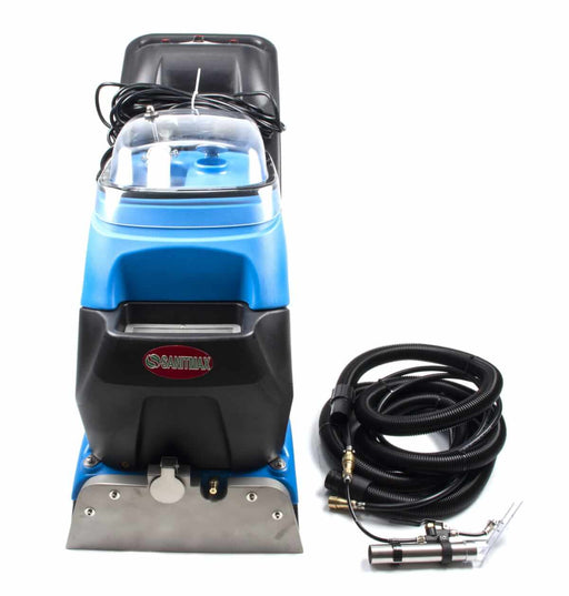 Sanitmax SM350 commercial carpet extractor with upholstery tool and hoses for efficient cleaning in large areas.