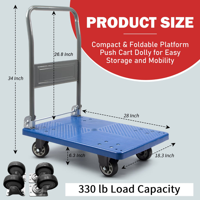 Platform Hand Truck, Push Cart Dolly, Compact & Foldable for Easy Storage and Mobility, 330-660 lb Capacity, 360 Degree Swivel Wheels, Blue