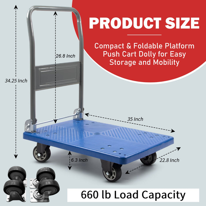 Platform Hand Truck, Push Cart Dolly, Compact & Foldable for Easy Storage and Mobility, 330-660 lb Capacity, 360 Degree Swivel Wheels, Blue