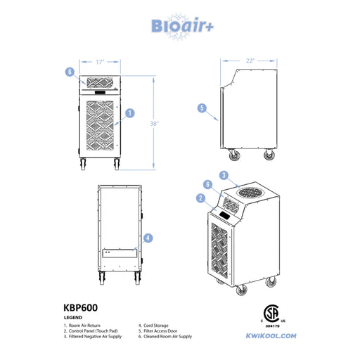 KwiKool KBP600 BioAir Plus – dimension and specification drawing