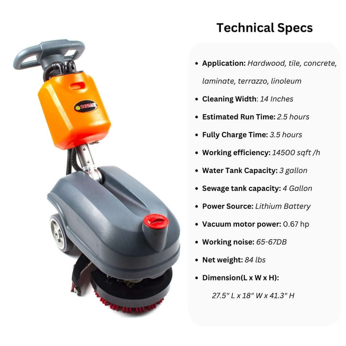 RT15+ 14" Walk-behind Floor Scrubber, Heavy Duty Brush, 14500 sqft/h, Lithium battery