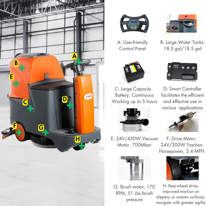 RT70+ Ride-On Floor Scrubber Machine, Lithium Battery, 22" Cleaning Path, 48000 Sqft/h Working Efficiency